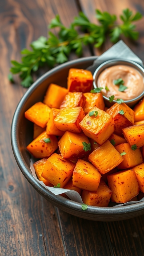 Crispy air fryer sweet potato cubes in a bowl, garnished with herbs, on a wooden table.